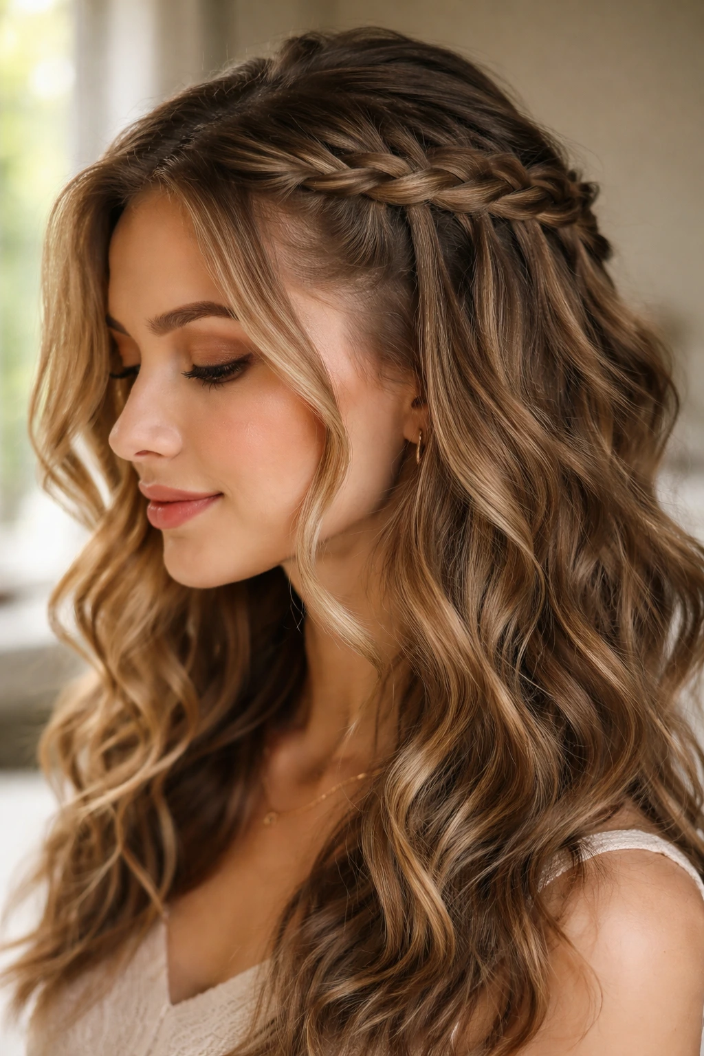 Close-up portrait of a real woman with a waterfall braid on wavy hair in warm window light