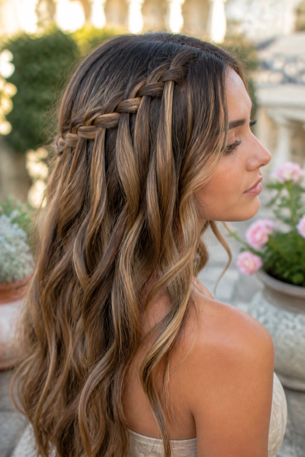 Close-up of a real person with a waterfall braid and soft waves in long hair