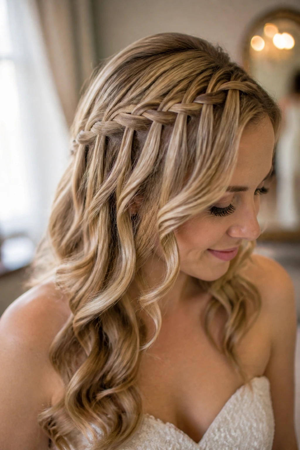 Close-up of a real bride's waterfall braid with curling hair and flowing strands