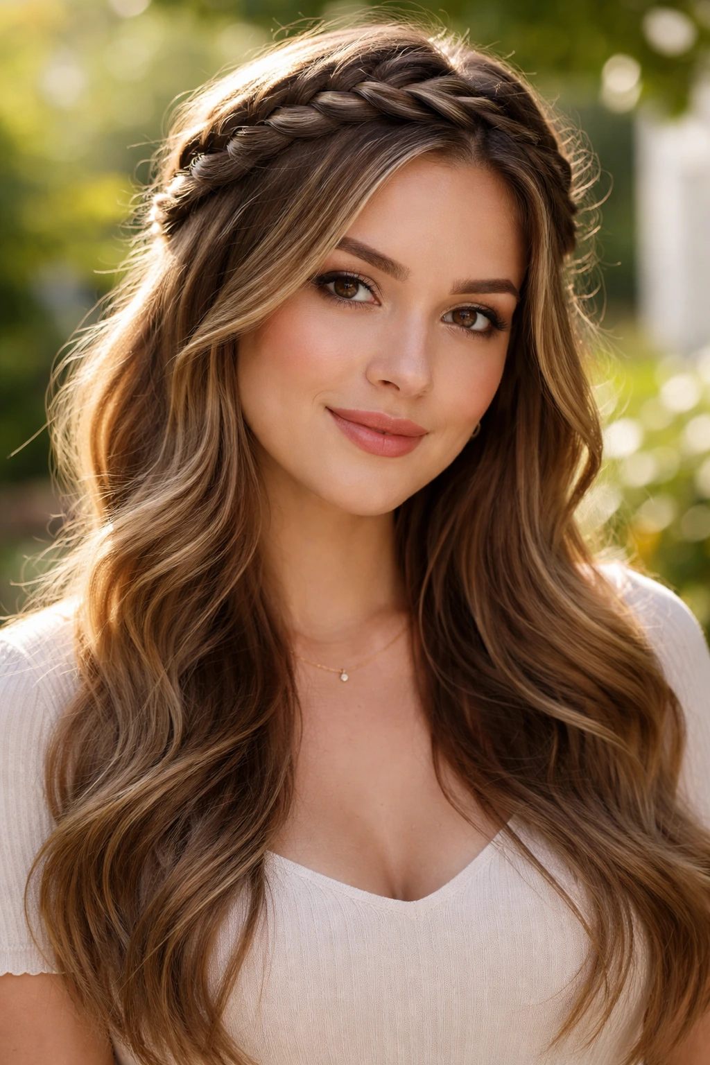 Close-up of a real woman wearing a waterfall crown braid