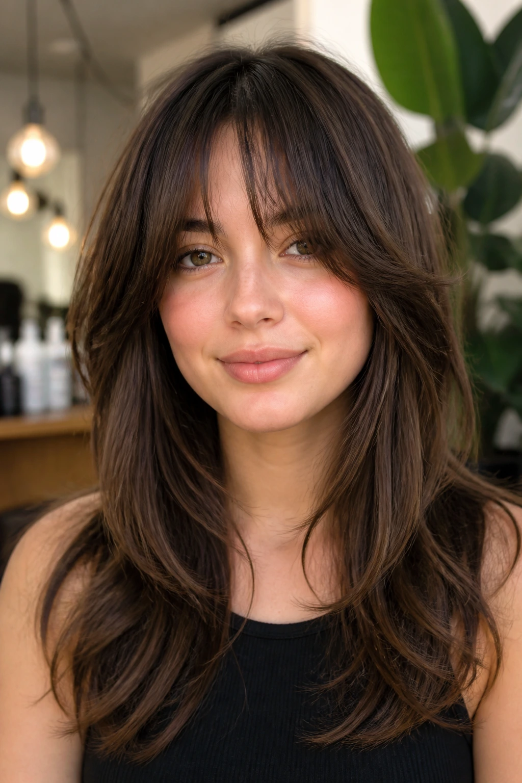 Real person with layered waterfall fringe close-up portrait