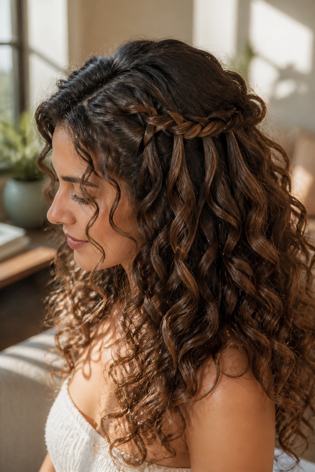 Close-up of a real person with waterfall half-up curly hairstyle in a sunlit living room