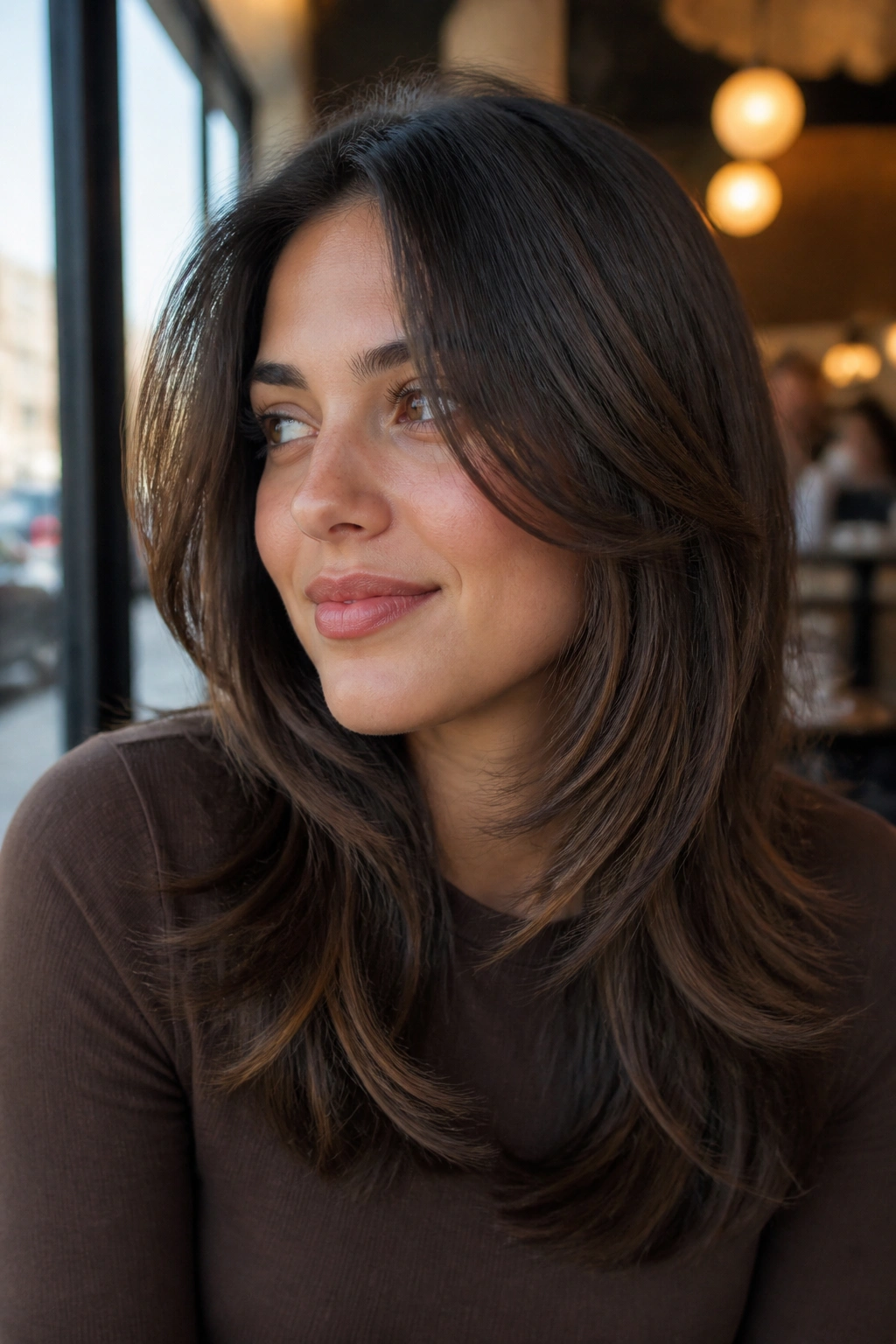 Close-up of brunette waterfall layers framing the cheeks
