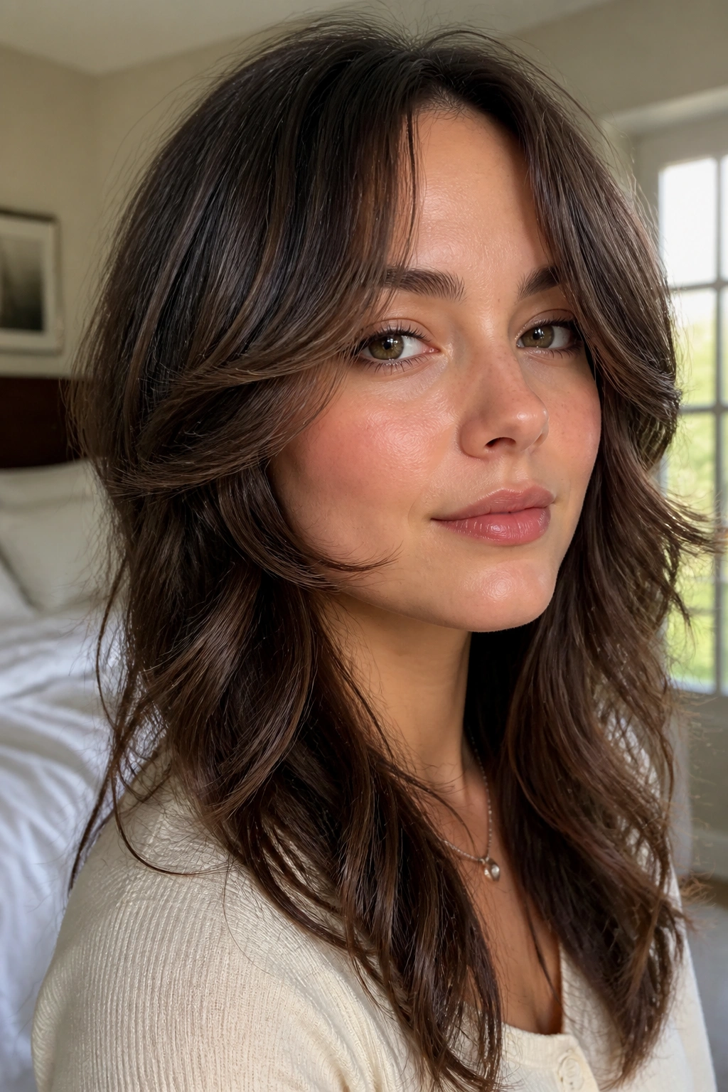 Portrait of a woman with waterfall layers framing the cheeks