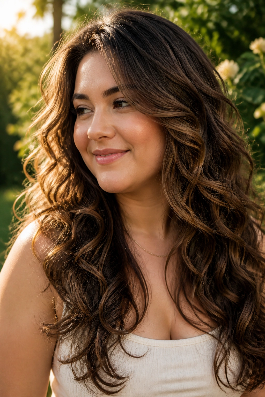 Close-up of a woman with waterfall layers around the face in golden hour light