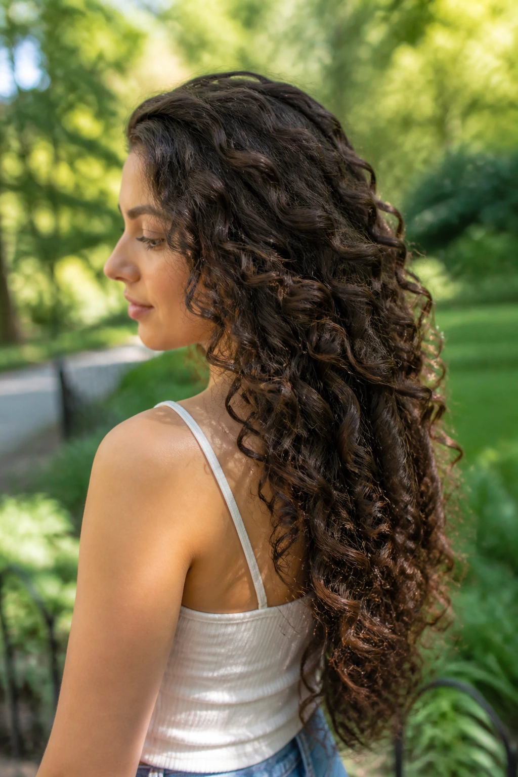 Side profile of a real woman with long ringlets and waterfall layering