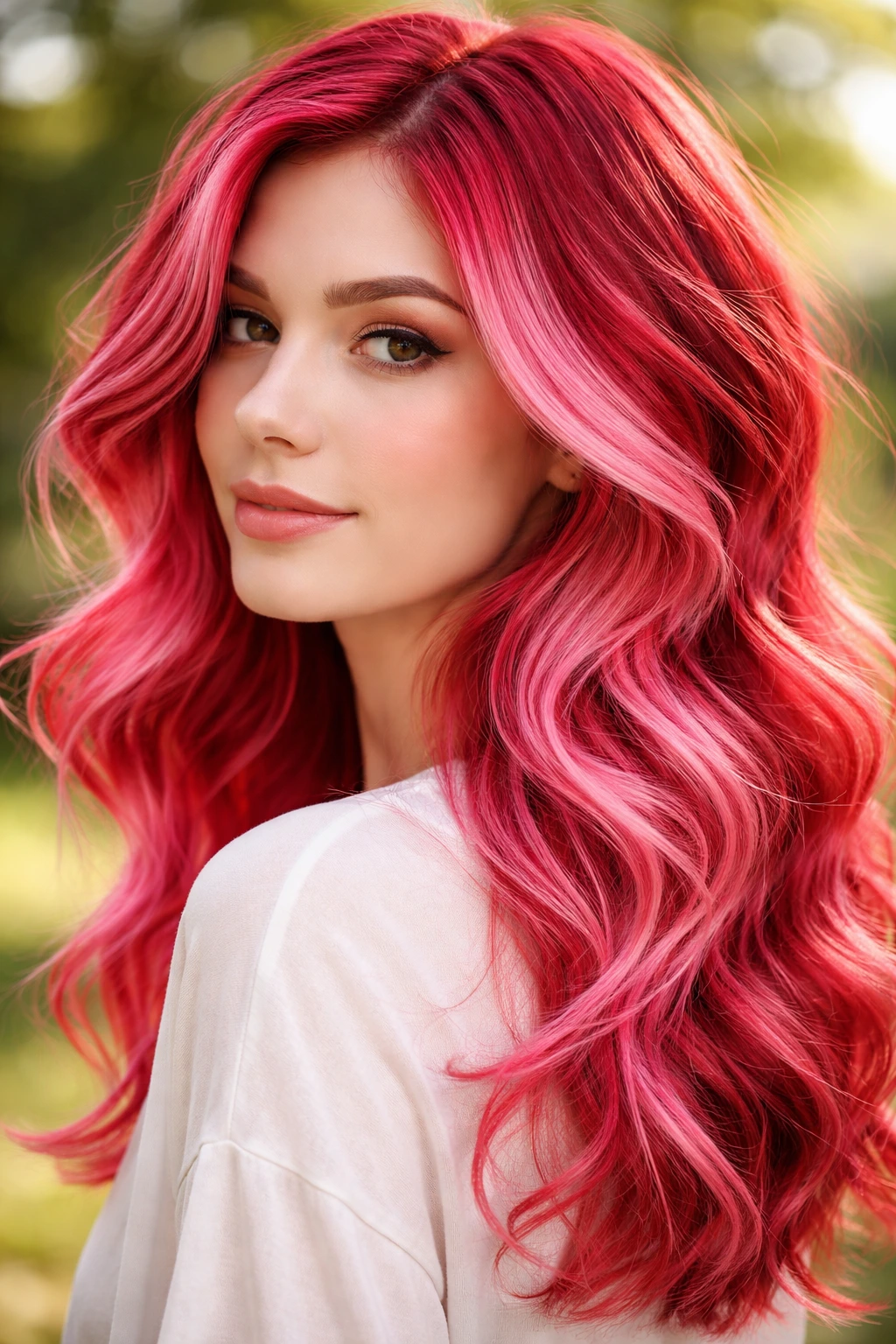 Close-up of Watermelon Swirl hair blending cool red and pink on a real person in daylight