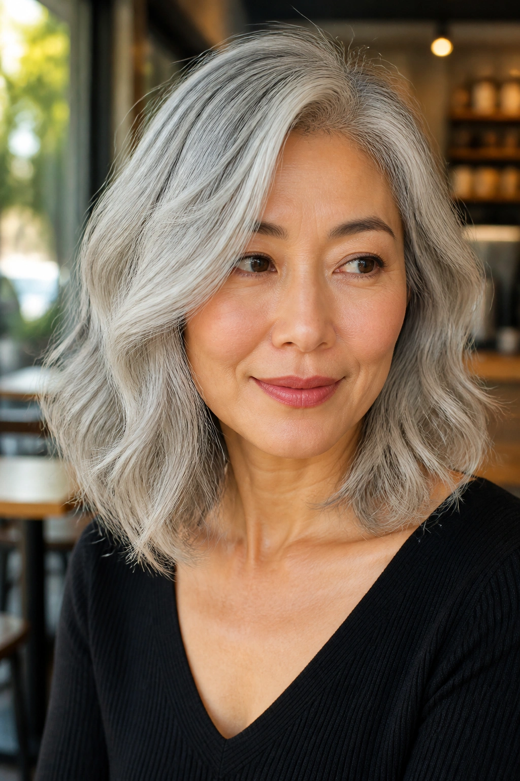 Close-up of a real woman with wavy collarbone-length hair and off-center part