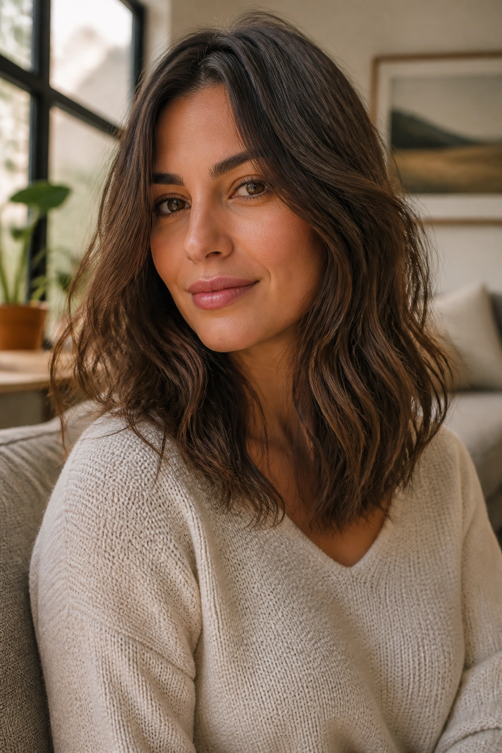 Close-up of a real woman with a wavy midi cut and invisible layers