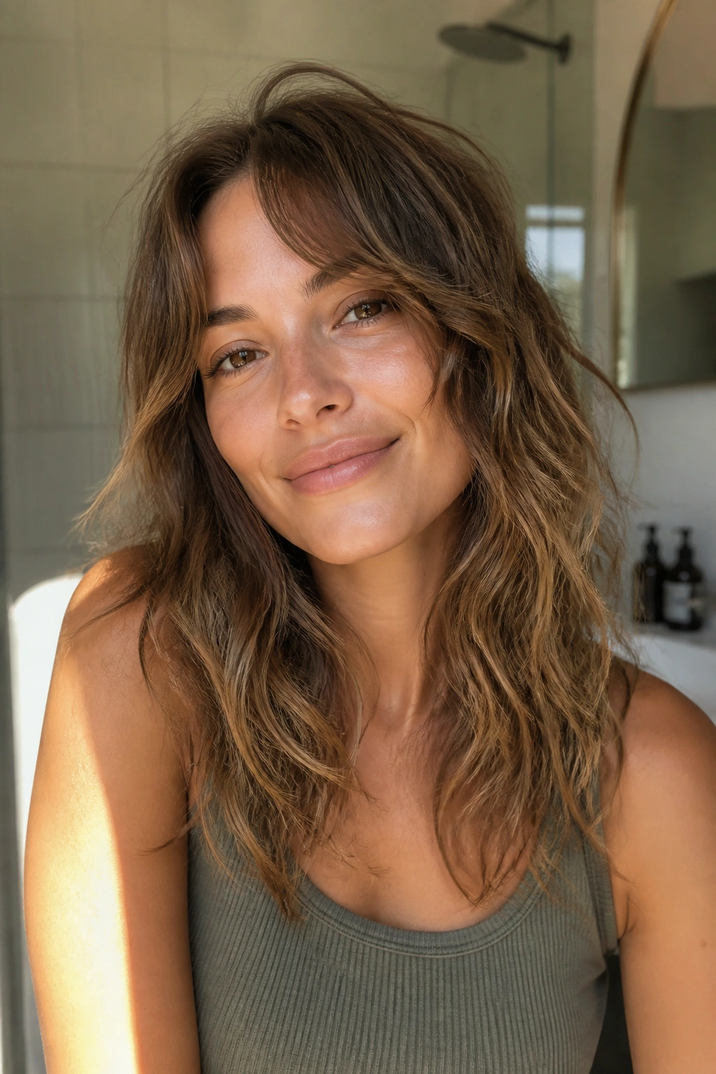 Close-up of a real woman with natural waves, air-dried shag