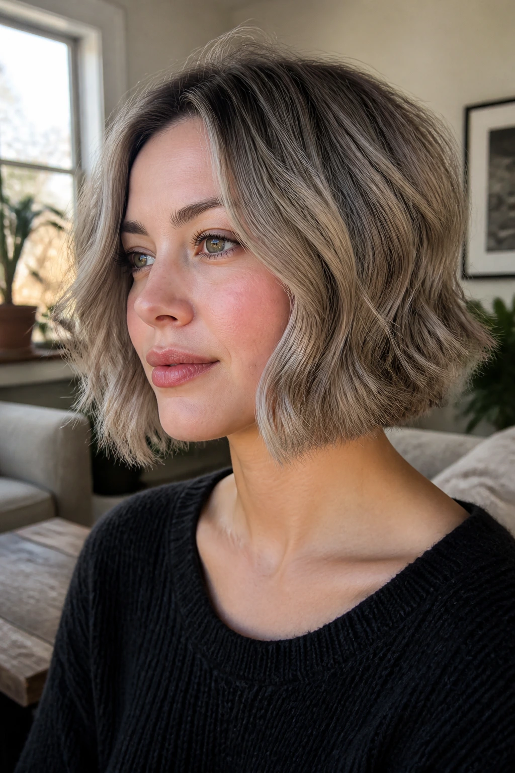 Close-up of a real woman with a jaw-length wavy ash bob in a sunlit living room.