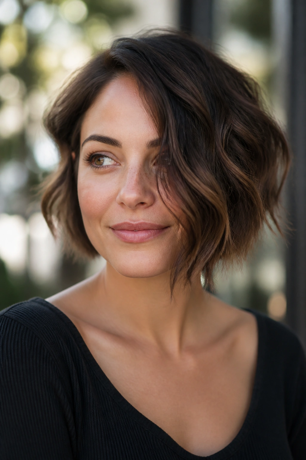 Close-up of real woman with a wavy asymmetrical bob