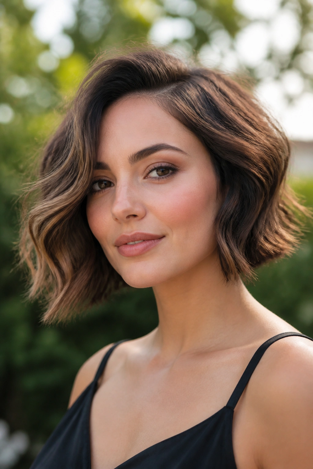 Close-up portrait of a real woman with a wavy asymmetrical bob and cheekbone bends
