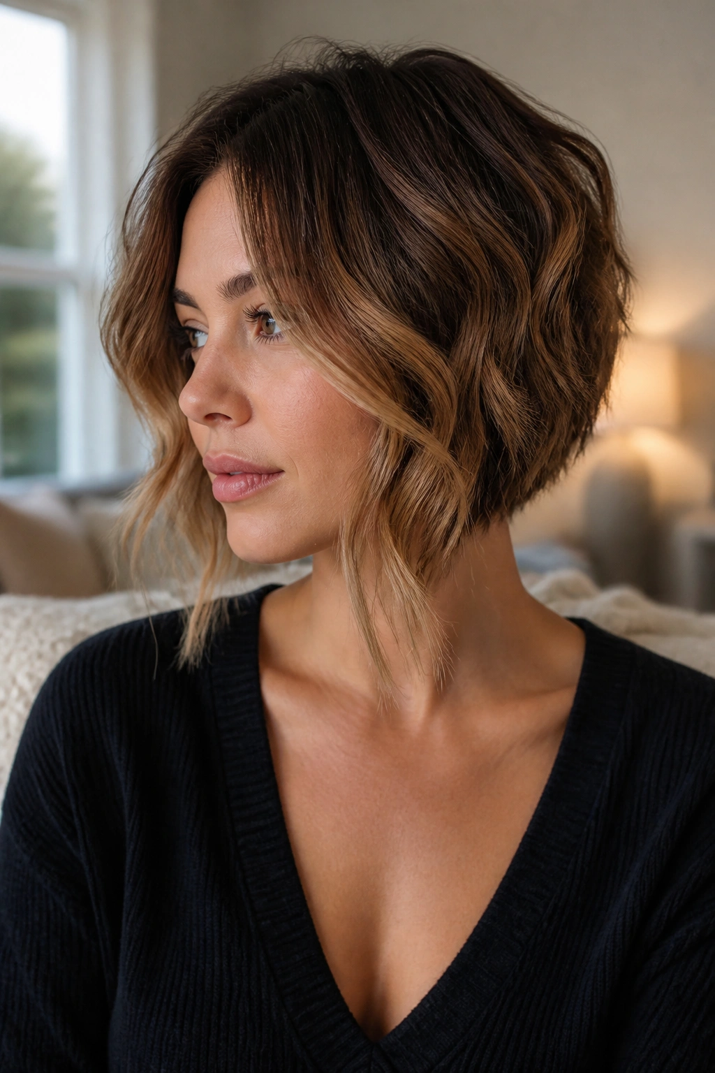 Real woman with wavy asymmetrical bob and long front pieces in natural light