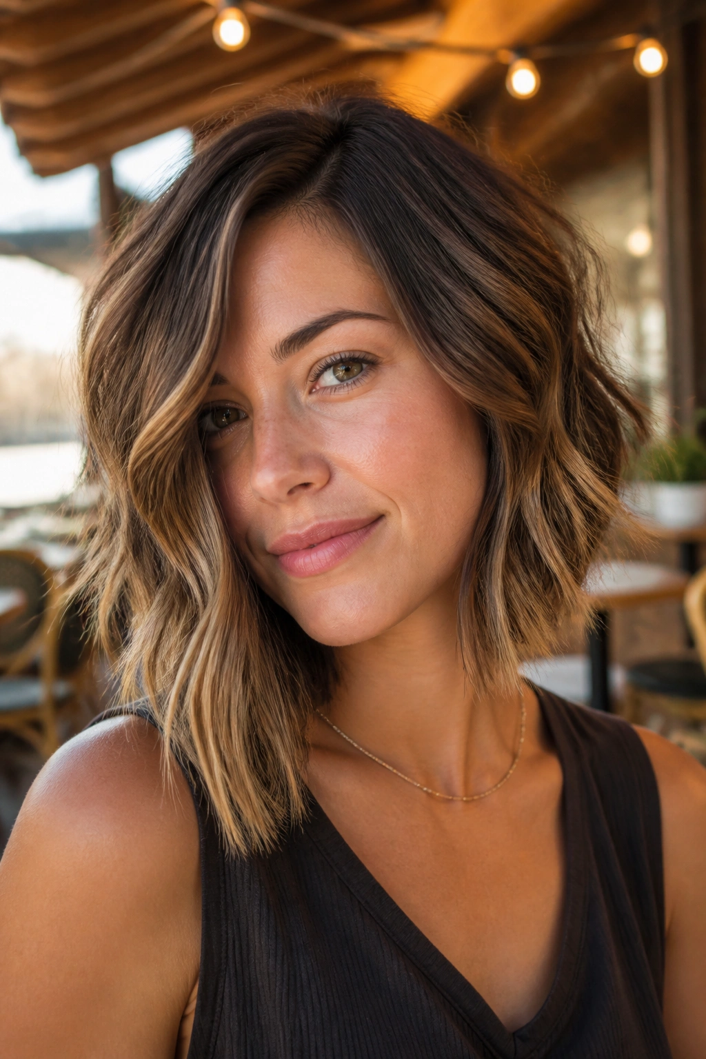 Real woman with wavy asymmetrical bob and loose bend in seaside light