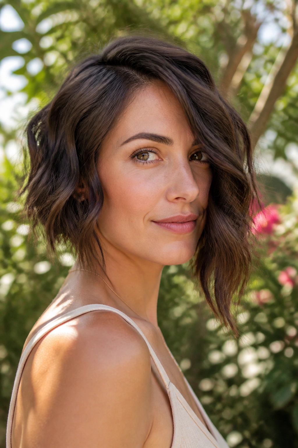 Close-up of a real woman with a wavy asymmetrical bob and soft ends