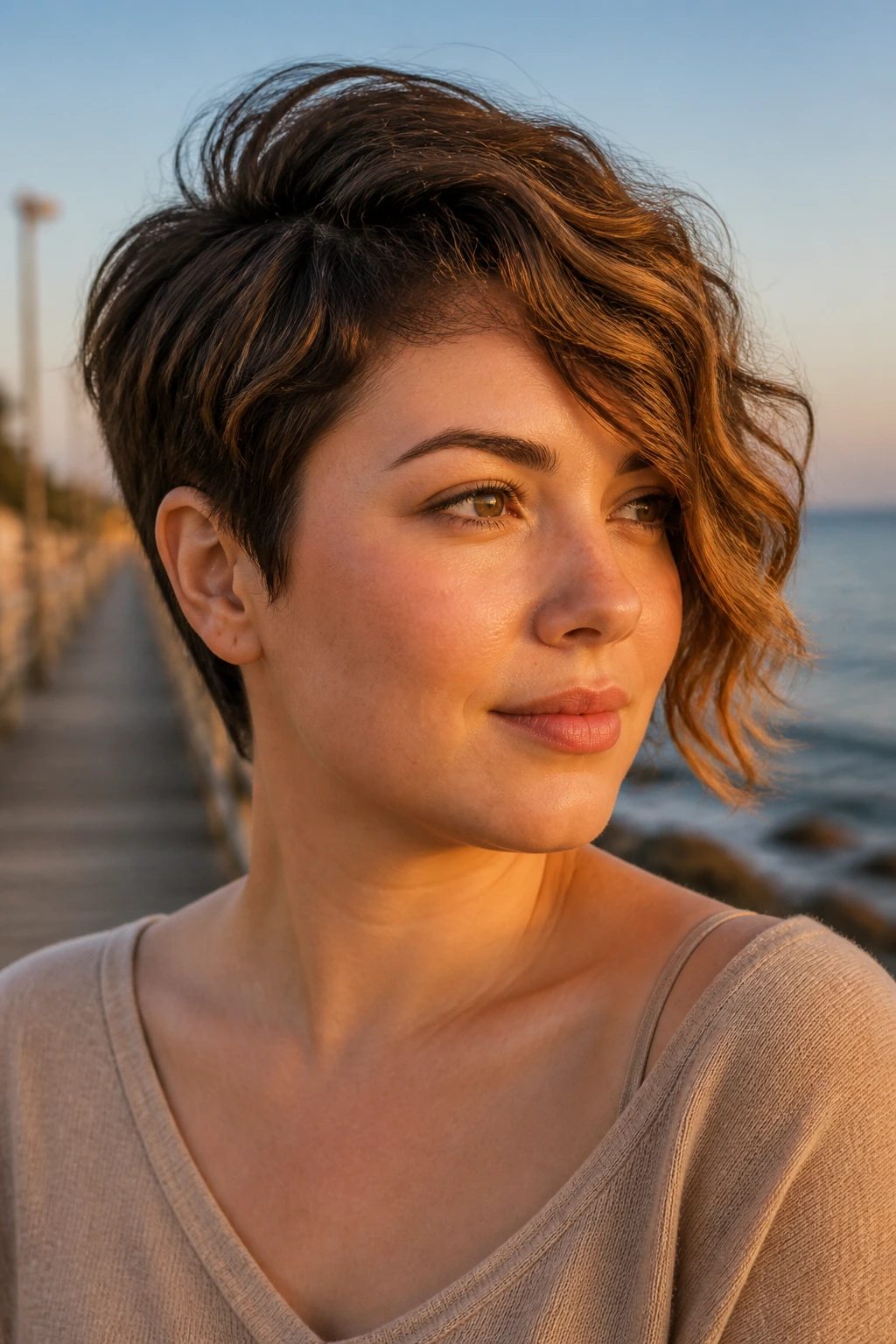 Real person with wavy asymmetrical crop on round face at golden hour