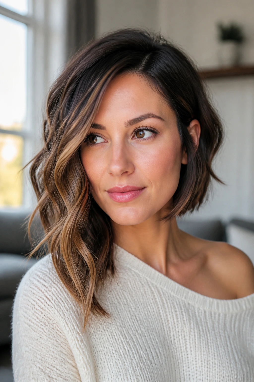 Close-up portrait of a real woman with a wavy asymmetrical lob hairstyle in warm window light.