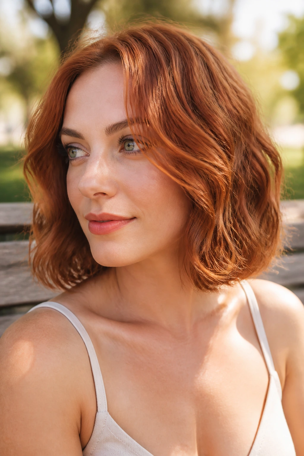 Close-up of a real woman with wavy auburn bob and voluminous texture