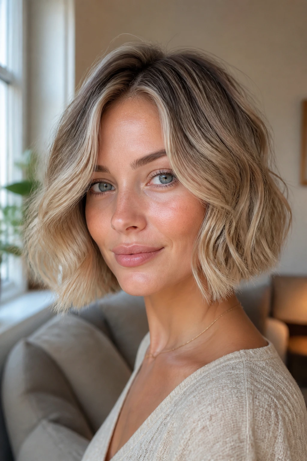 Close-up of a real woman with a wavy bob and balayage highlights, warm window light.