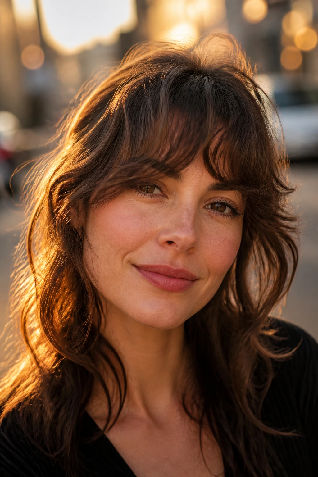 Close-up of a real woman with bent wavy bangs in golden hour light.
