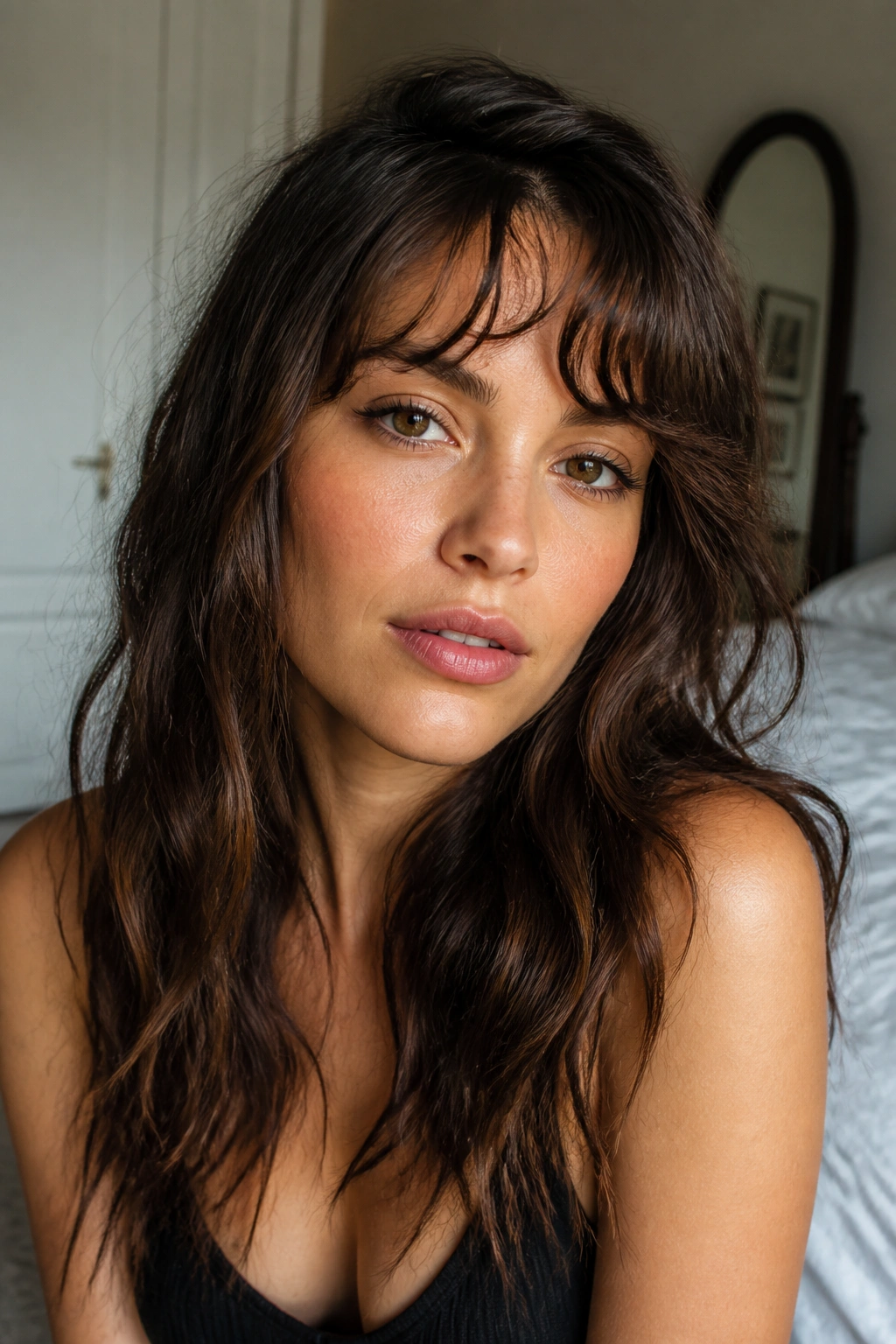 Real woman with wavy French bangs that bend and reveal forehead.