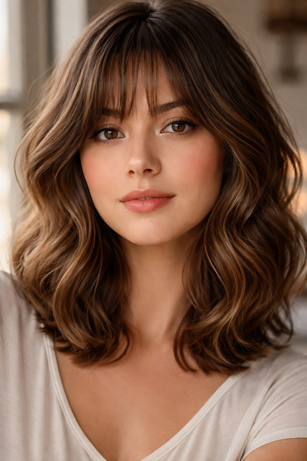 Close-up of a real woman with jaw-length wavy bangs framing her face.