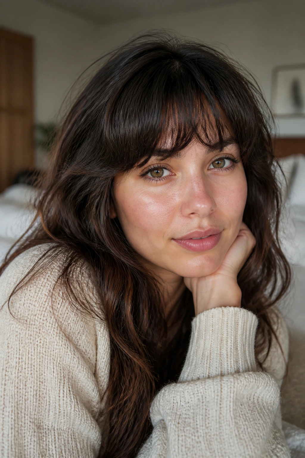 Close-up of a real woman with wavy thick bangs in warm window light