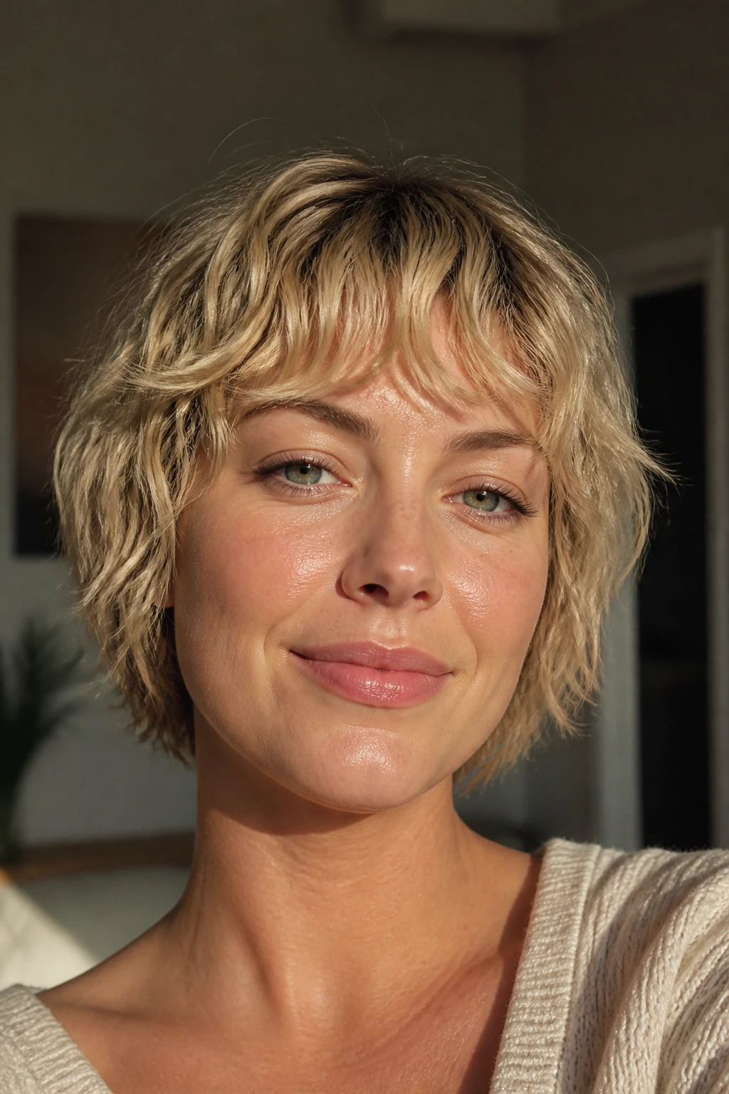 Close-up portrait of a real woman with wavy short blonde bangs and curl-friendly layers