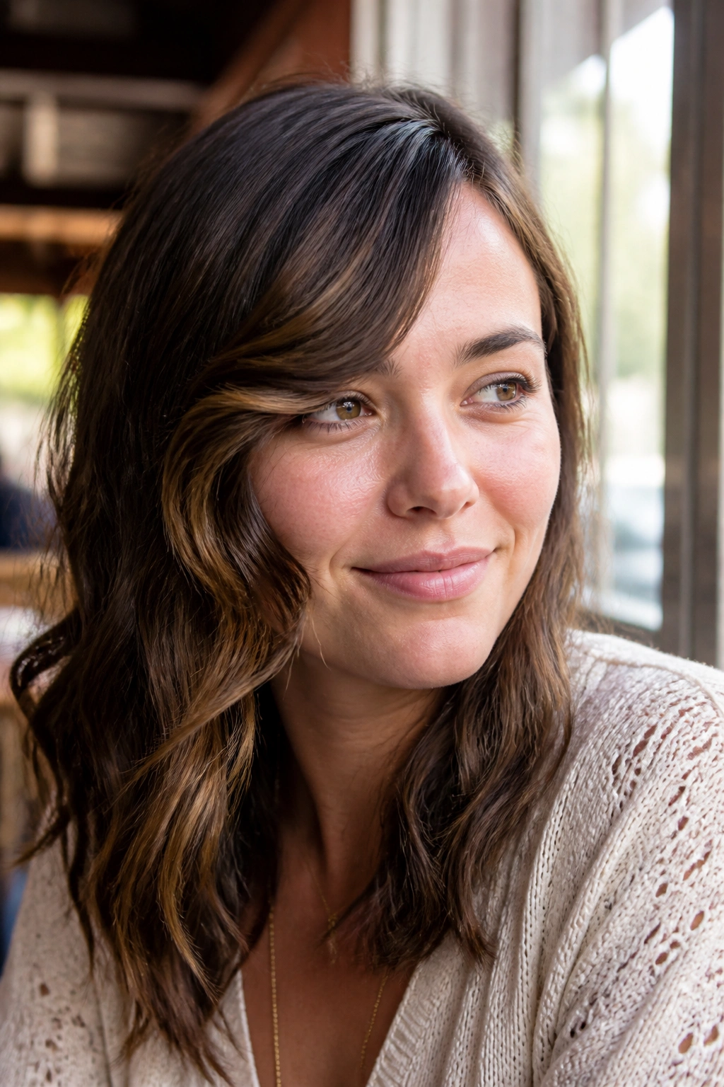 Medium close-up of a real person with wavy side bangs bending at the temple in natural light