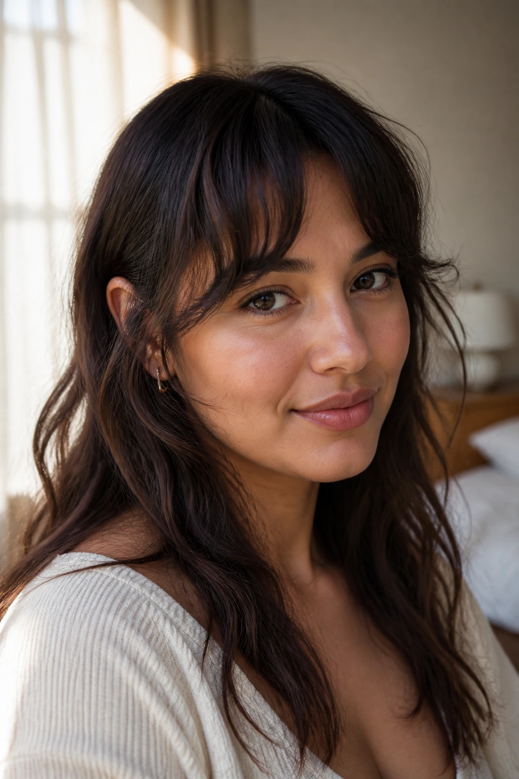 Close-up portrait of a real woman with wavy bangs bending at the temples, soft natural light.