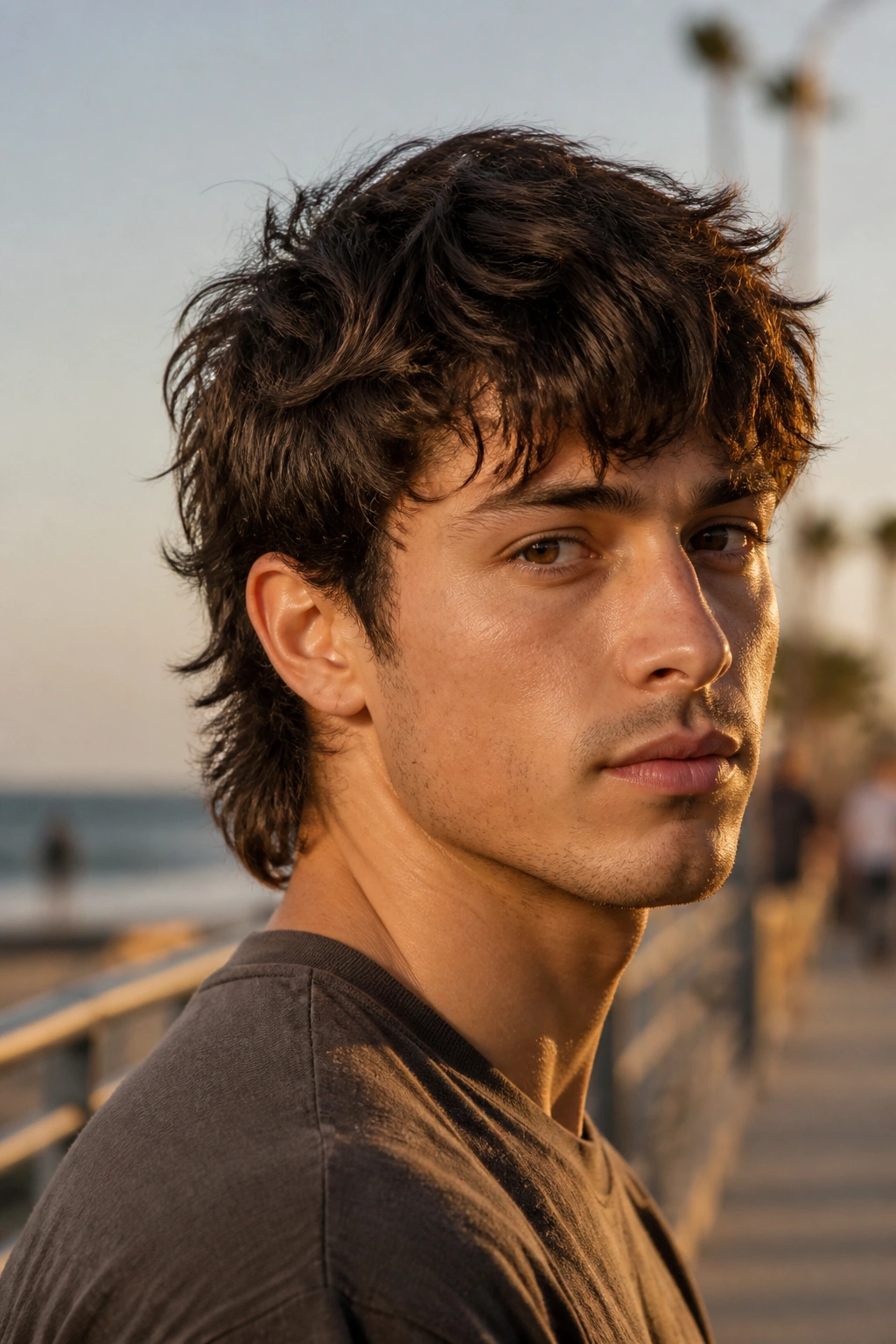 Medium close-up of a man with a wavy bedhead wolf cut, fringe forward with natural movement.
