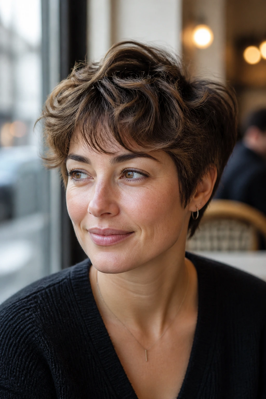 Close-up of a woman with a wavy bixie cut hairstyle