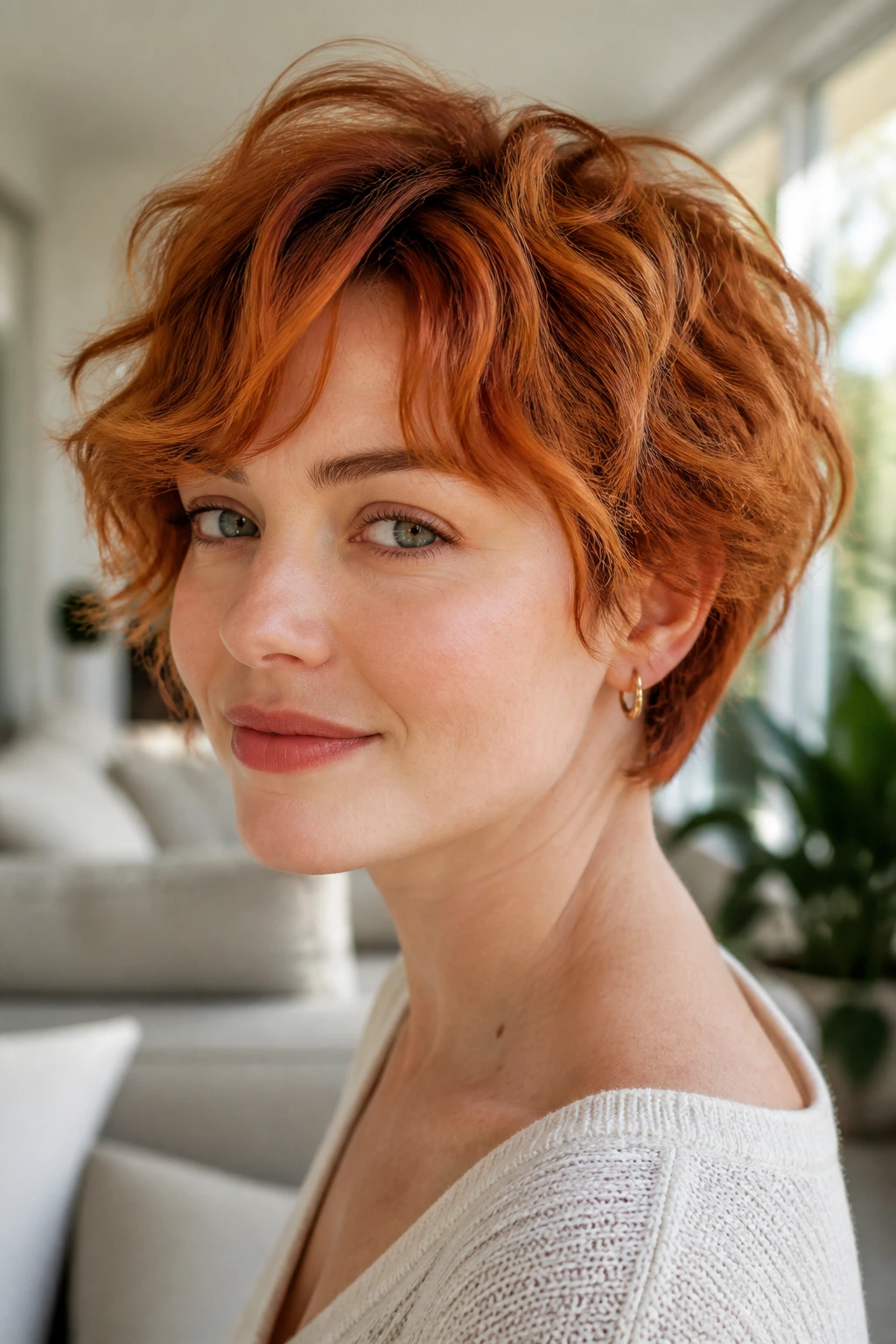Close-up of a real woman with a wavy bixie in strawberry copper