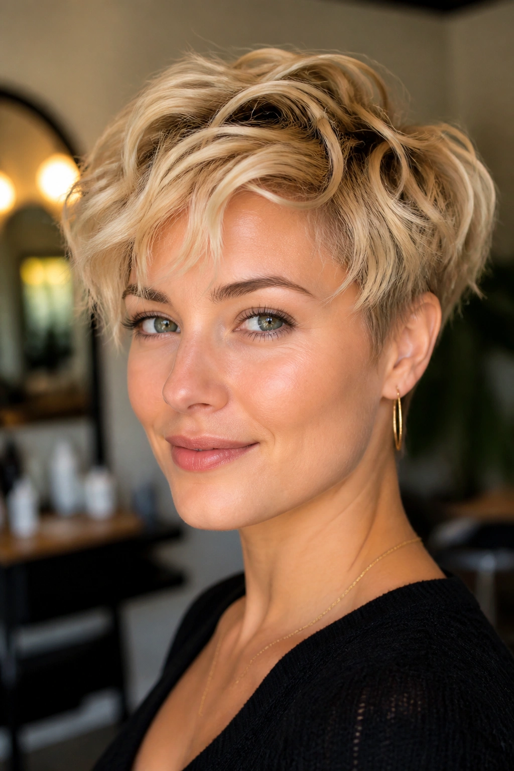 Close-up of a woman with wavy blonde pixie, waves on top and slim sides.