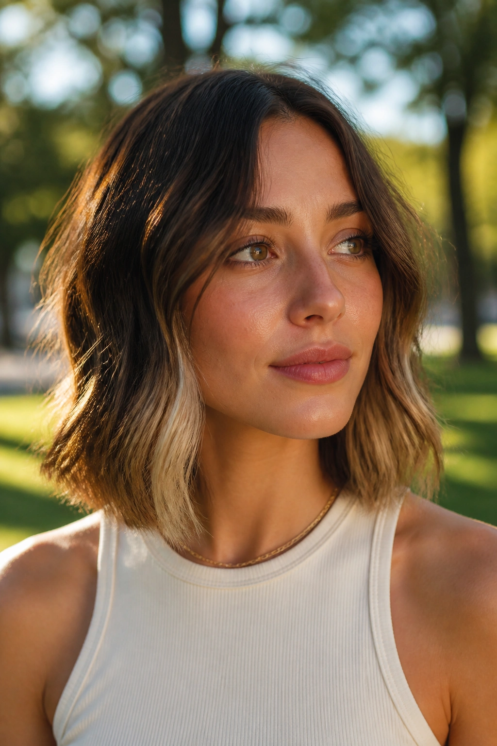 Close-up of a real woman with a wavy blunt lob and blonde underlights