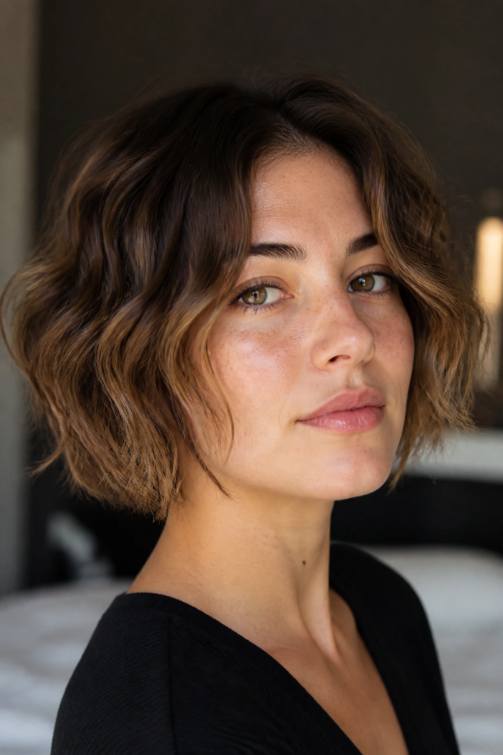Portrait of a person with a wavy bob and air-dried texture