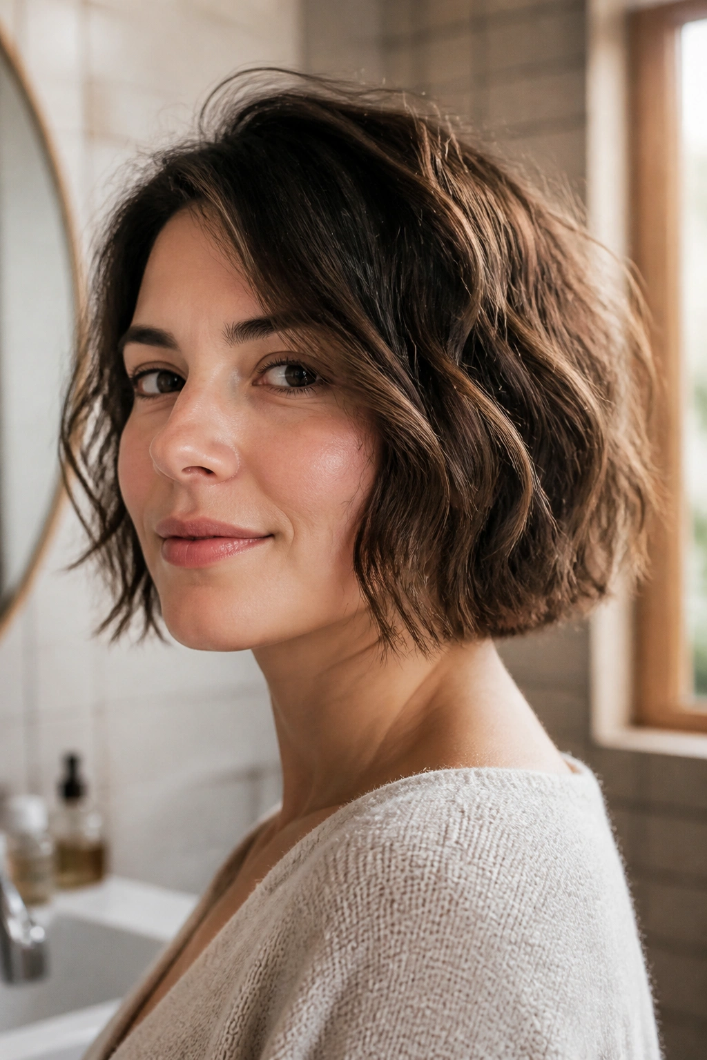 Close-up portrait of a real woman with a wavy bob showing air-dried texture under natural light