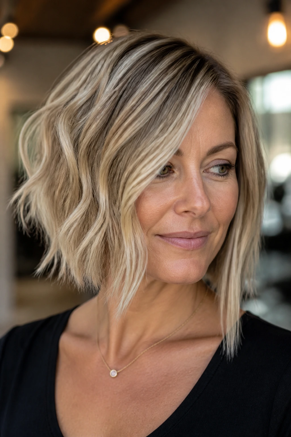 Close-up portrait of a real woman with a wavy asymmetrical bob and baby lights