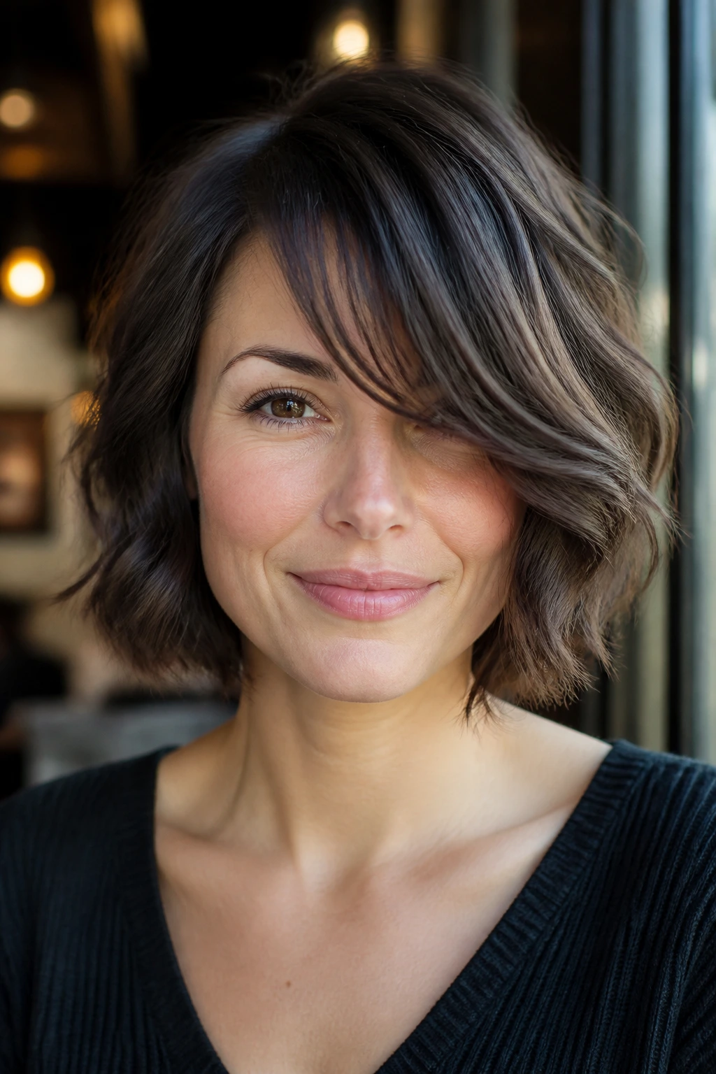 Portrait of a real woman with a wavy bob and long side-swept bangs in natural light