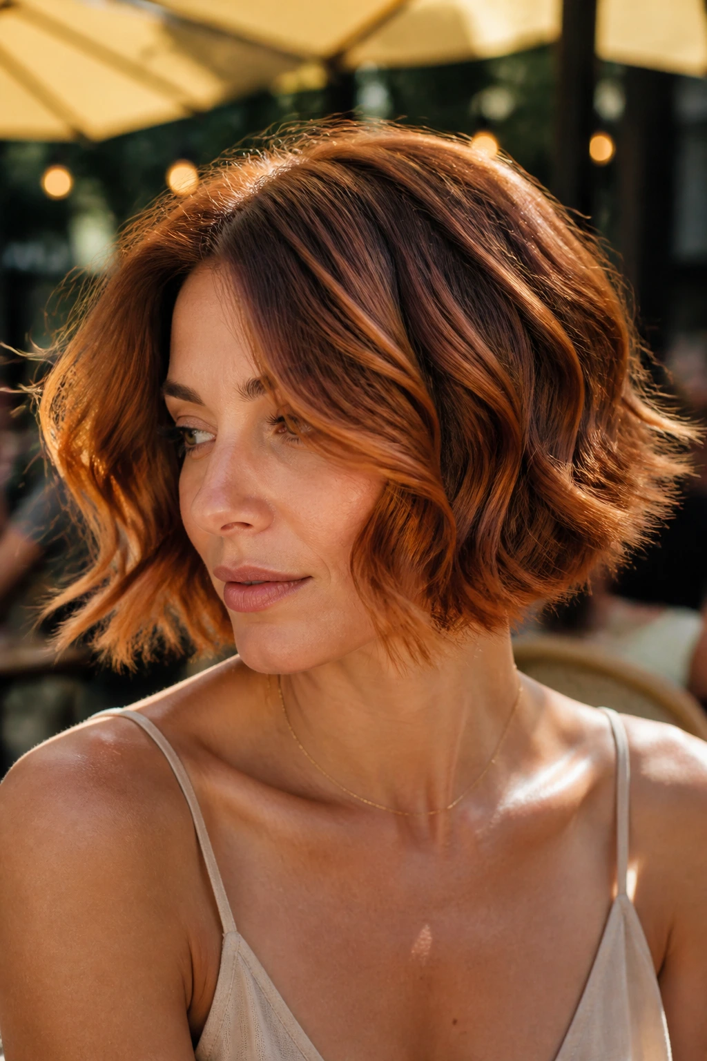 Close-up portrait of a real woman with a wavy bob and copper ribbon finish.