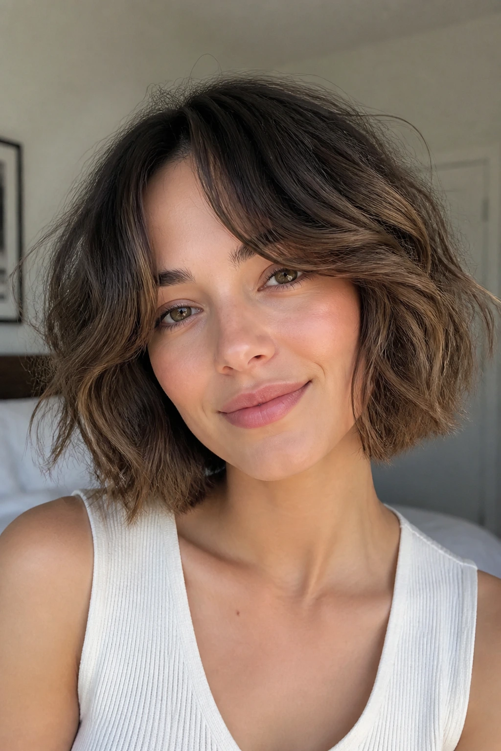 Close-up portrait of a real woman with a wavy bob and curtain bangs framing her face