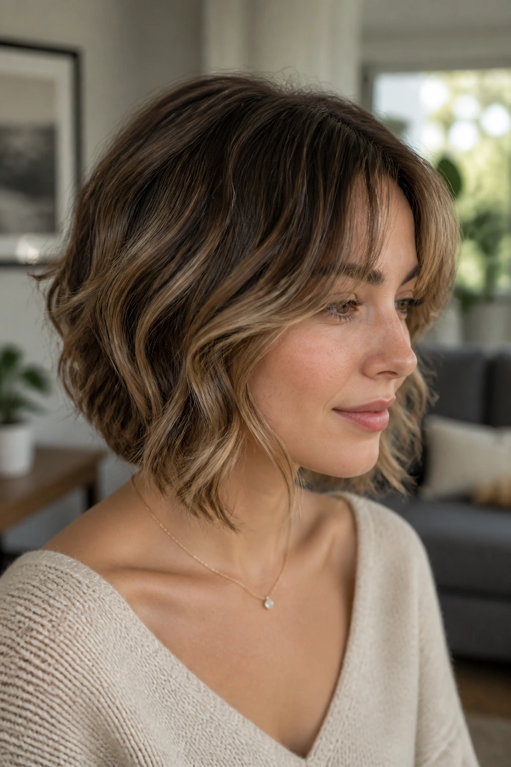 Portrait of a woman with a wavy graduated bob and curtain bangs