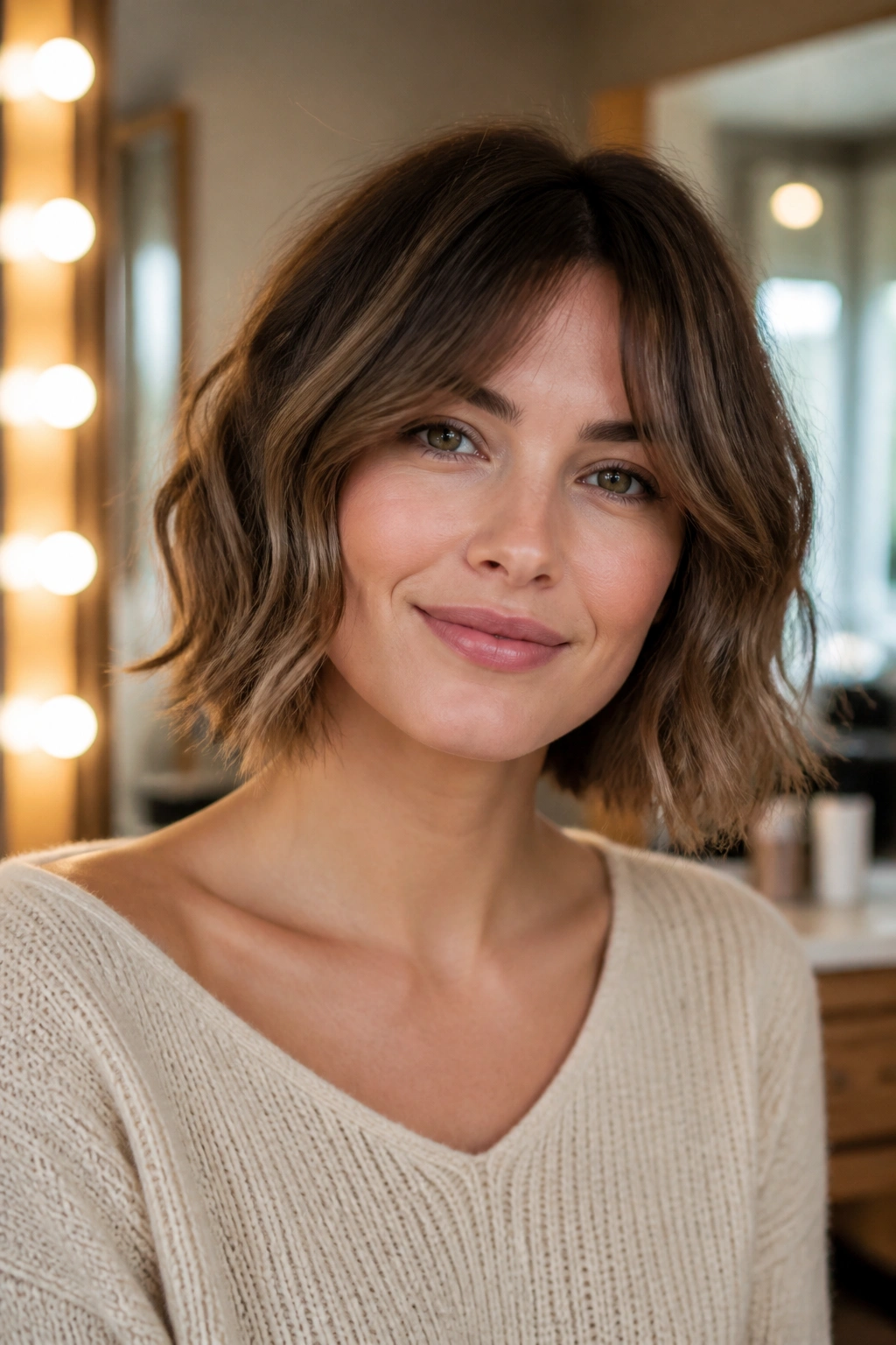 Real woman with a wavy bob and curtain bangs framing the cheeks