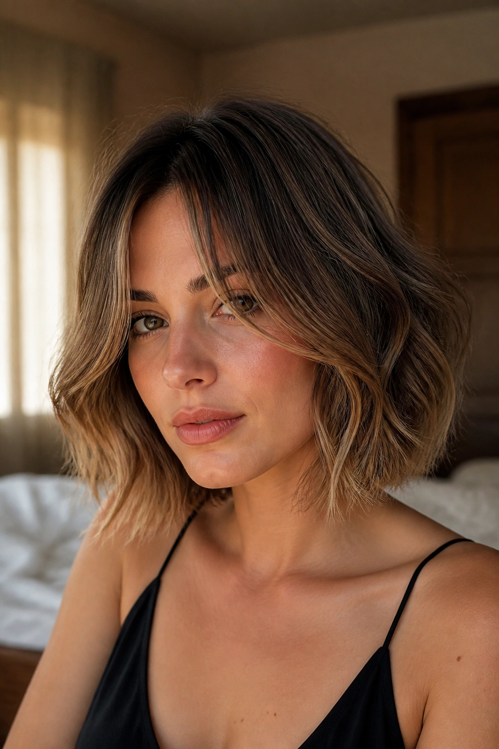 Close-up of a real woman with a wavy bob and curtain bangs in warm window light