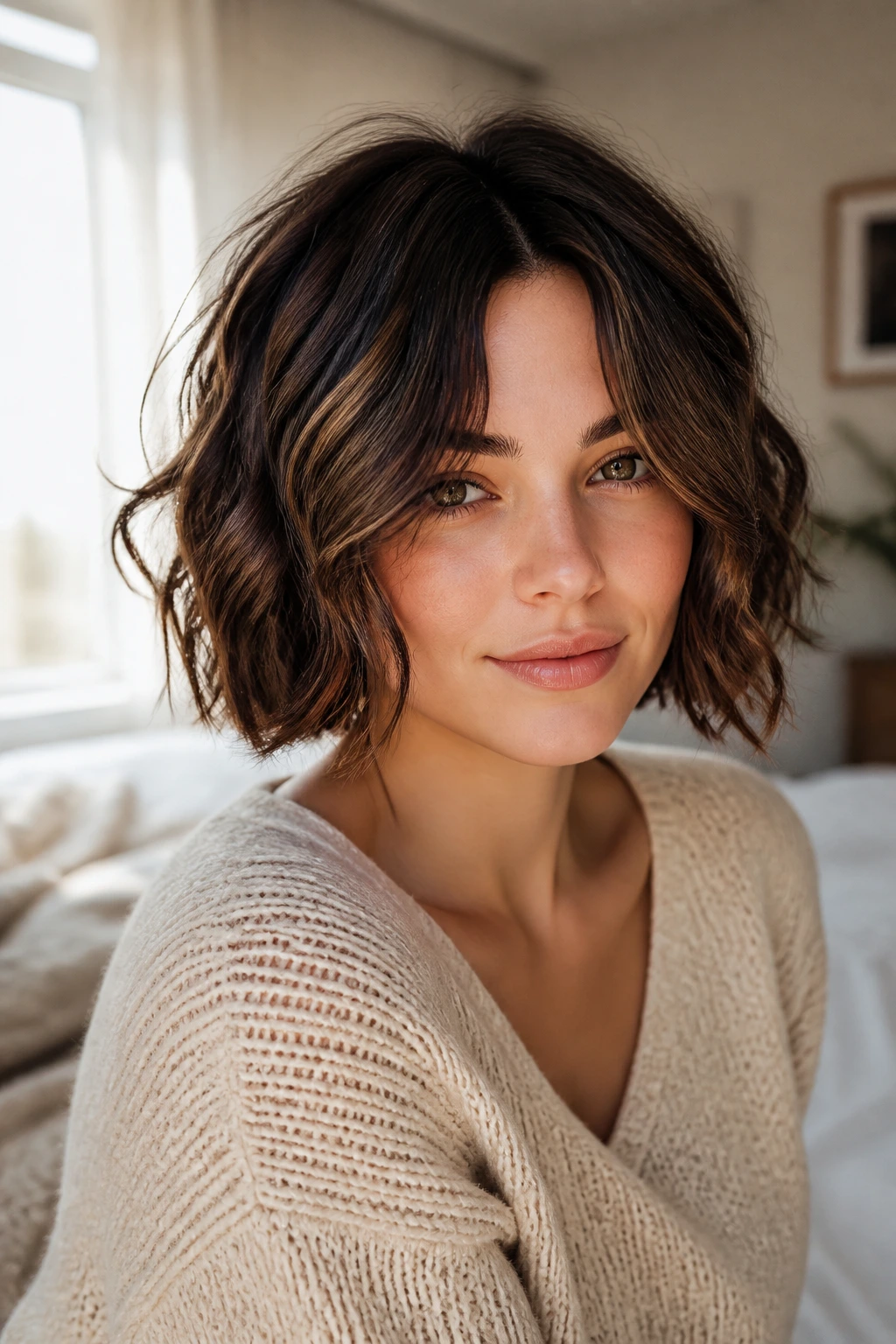 Close-up of a real woman with a wavy bob and long curtain fringe.