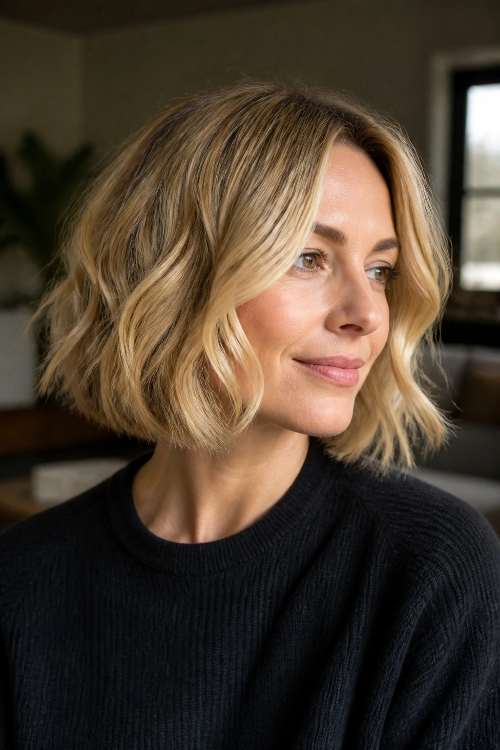 Close-up of a real woman with a blonde wavy bob, ends bending in and out