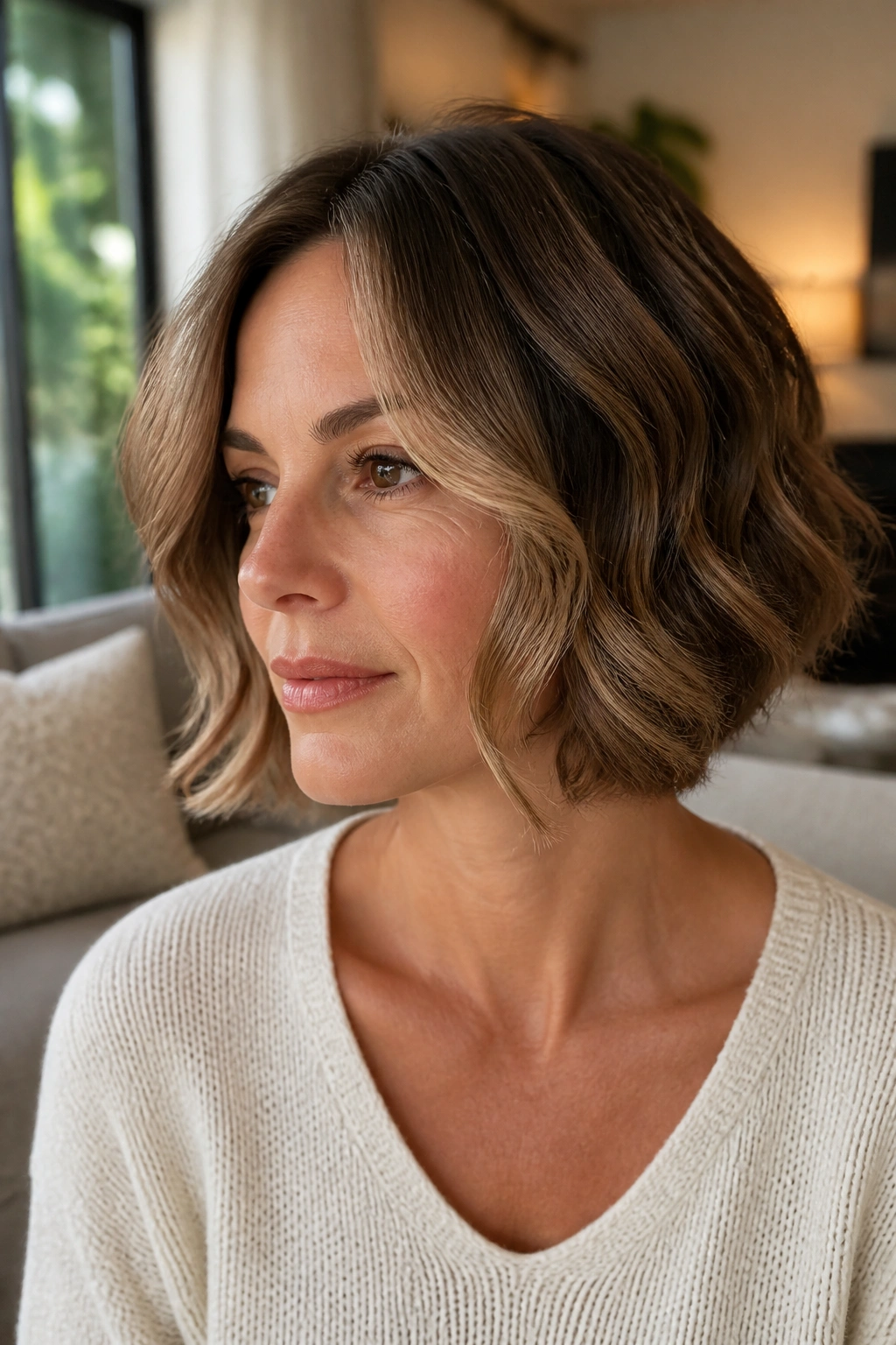 Close-up portrait of a real woman with a wavy bob and face-framing panels by a window