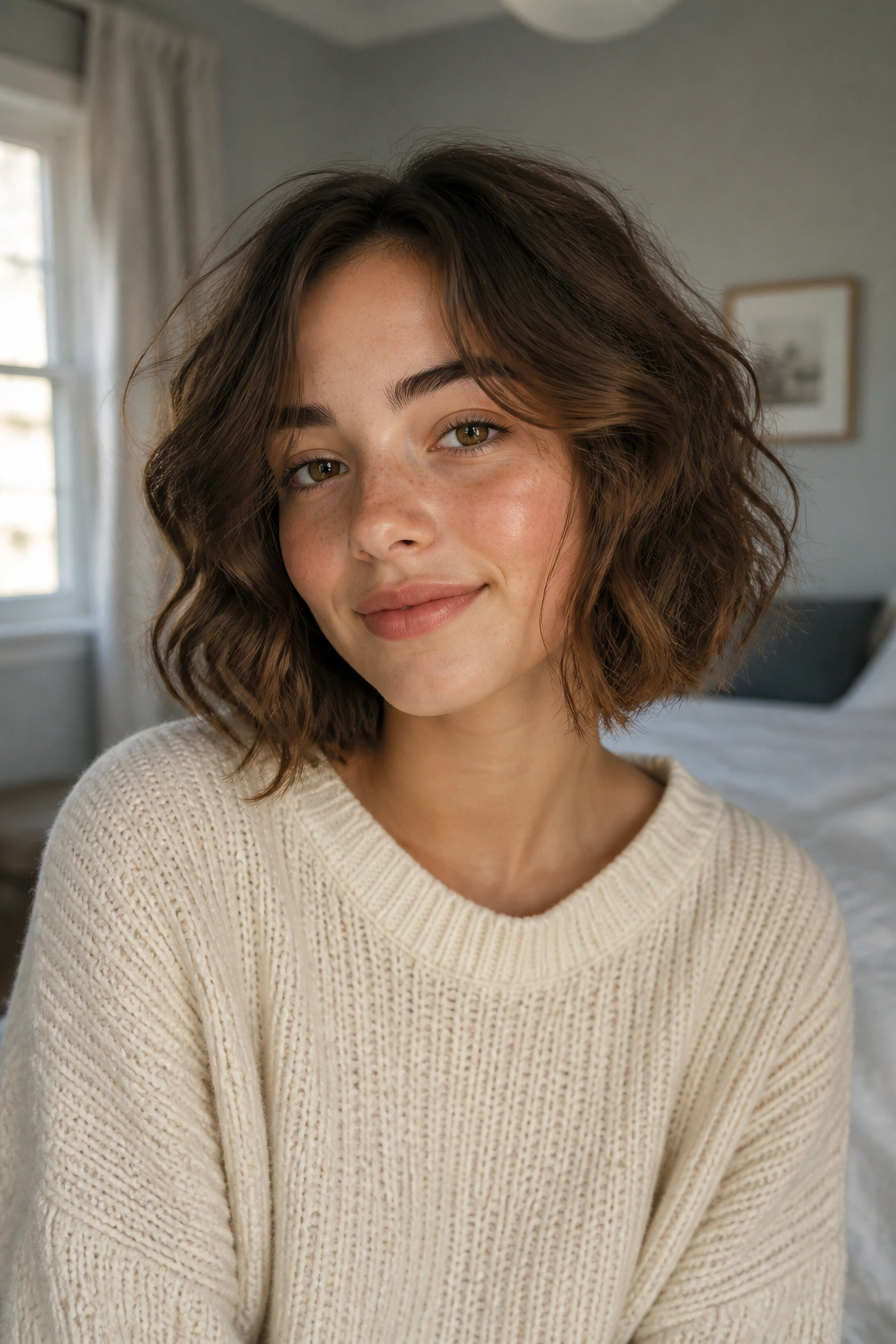 Close-up portrait of a real girl with jaw-length wavy bob, natural air-dried waves in soft bedroom light