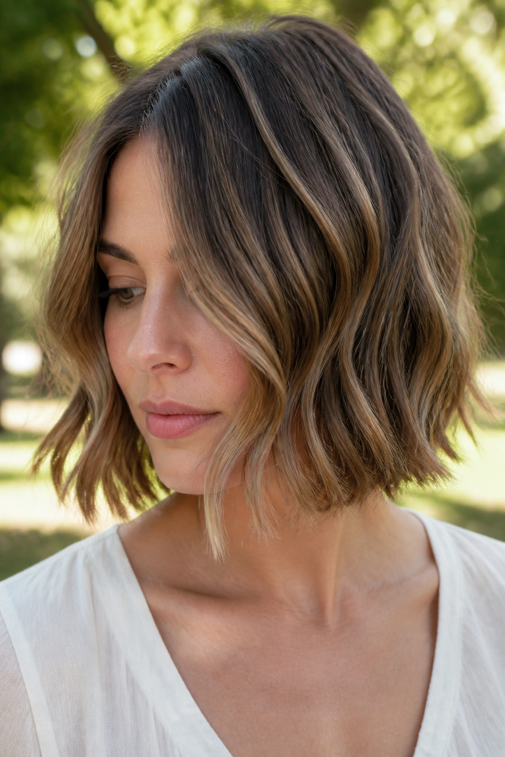 Portrait of a real woman with a wavy bob and invisible internal layers